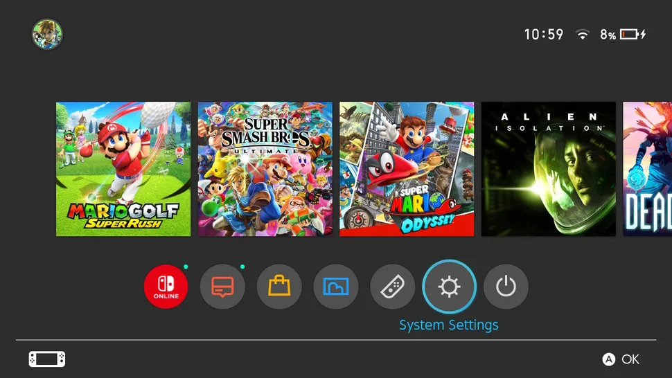 System Setting menu trên Nintendo Switch