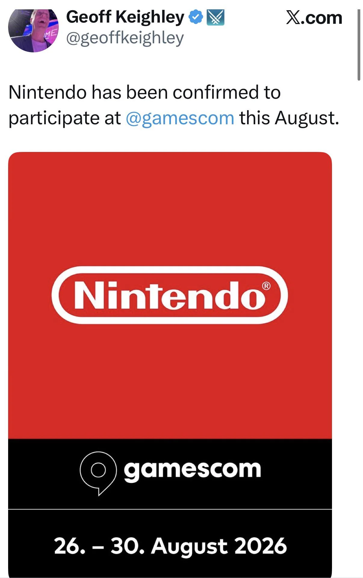 Nintendo at Gamescom 2026 conf august 26 30th Nintendo at Gamescom 2026 conf august 26 30th