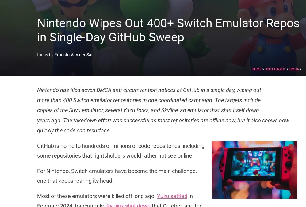 Nintendo Xóa Bỏ Hàng Trăm Kho Chứa Trình Giả Lập Switch
